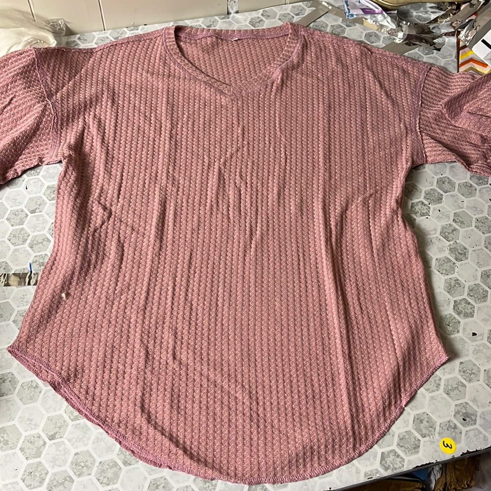Medium Pink Waffle Knit Short Sleeve V Neck T